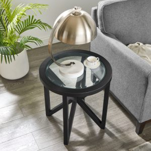 modern simple glass coffee table, tempered glass coffee table solid wood base round transparent glass top modern living room terrace study coffee table