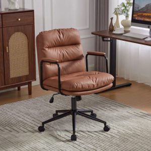 office chair,mid back home office desk task chair with wheels and arms ergonomic pu leather computer rolling swivel chair with padded armrest,the back of the chair can recline 40° (brown)