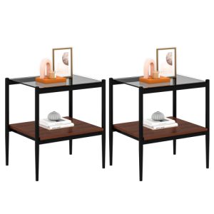 Set of 2 End Tables - Tempered Glass Top Modern Side Table for Living Room