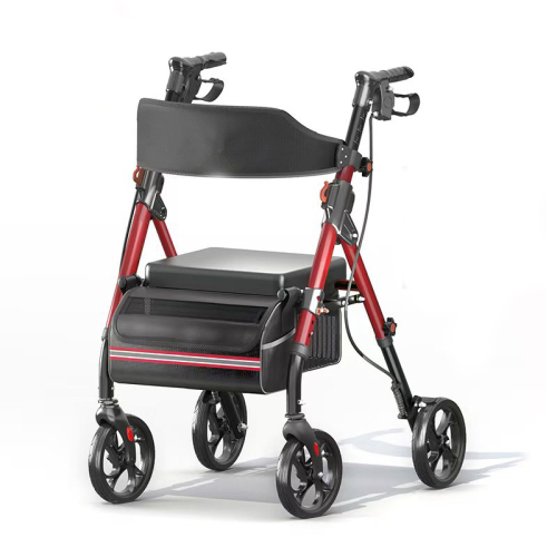 Foldable Rollator Walker with Seat - Heavy Duty 350lb Capacity for Seniors Red foldable rollator walker with seat for seniors, featuring hybrid frame, 8-inch wheels, and under-seat storage pouch