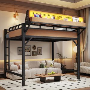 full size loft bed frame with storage shelves and pegboard – maximize space in style