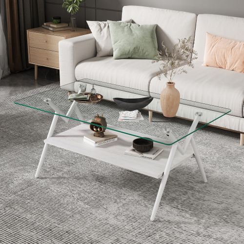 Rectangle coffee table with tempered glass top, white metal legs, and MDF shelf for living room