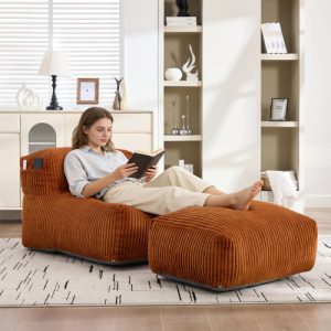 big bean bag chair with ottoman comfy corduroy bean bag sofa for adults, memory foam filled lounger with ergonomic support for living room, bedroom & small spaces