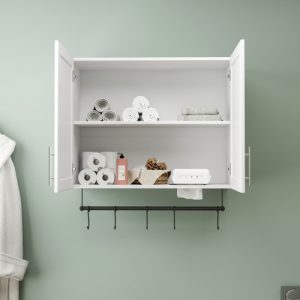 bathroom wall cabinet with towel bar & hooks: over the toilet storage cabinet
