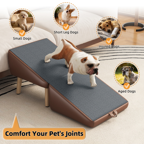 Foldable 2-in-1 Dog Stairs for Small Dogs - Split Ottoman Pet Ramp Foldable 2-in-1 dog stairs for small dogs, brown split ottoman design, non-slip surface, and wooden legs for couch and bed access