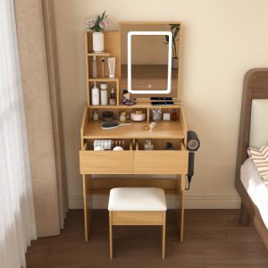 vanity table with led illuminated mirror, power outlet, hairdryer holder & stool – compact dressing desk for small bedrooms(wood)